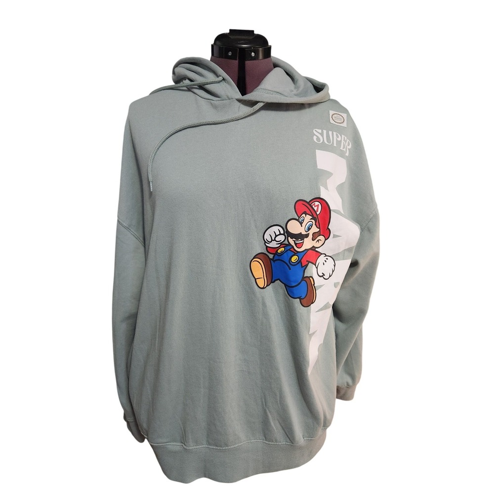 Nintendo Super Mario Graphic Hoodie Mens Large Sage Green Pullover Sweatshirt